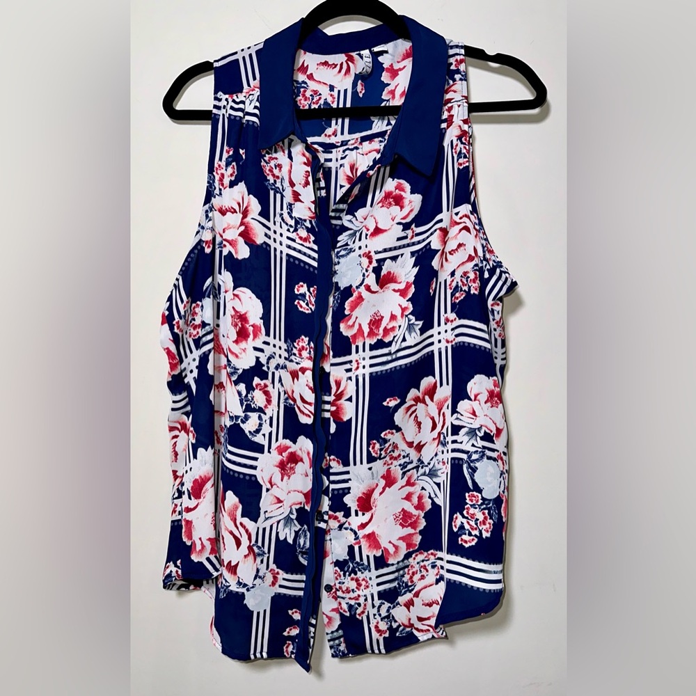 EUC ELLE Floral Sleeveless‎ Collared Sheer Blouse - XL